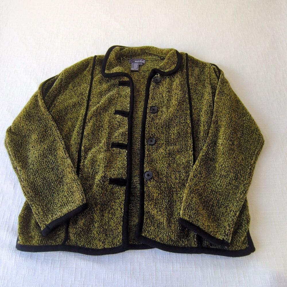 Lisa Nichols Knit Olive Green Very Soft Black Trim  Sweater Sz Small